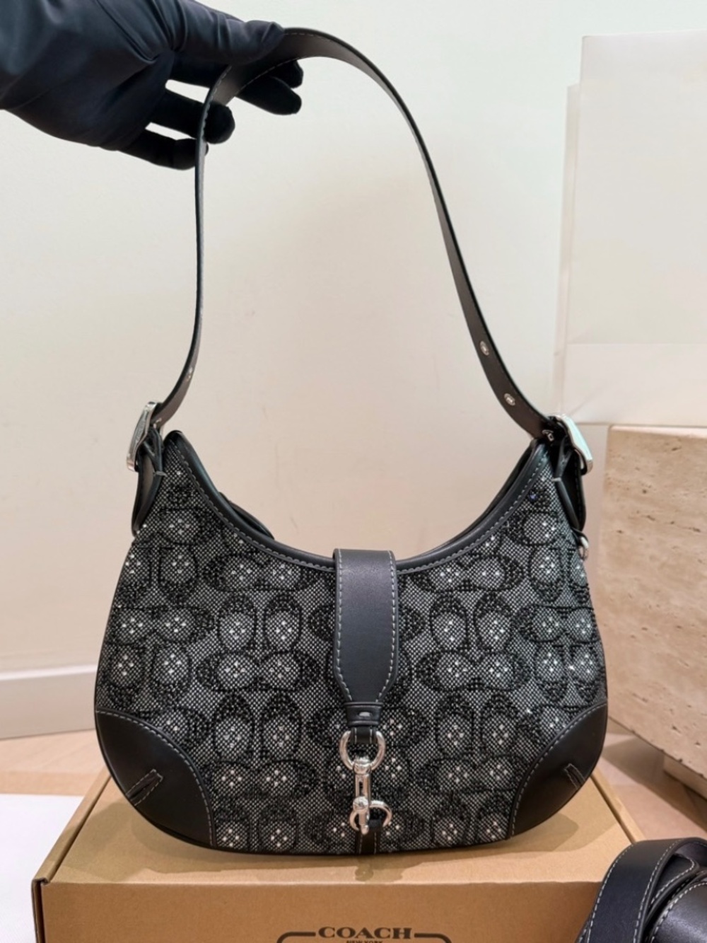 Coach Crystal Signature Hobo Bag Black Leather Trim